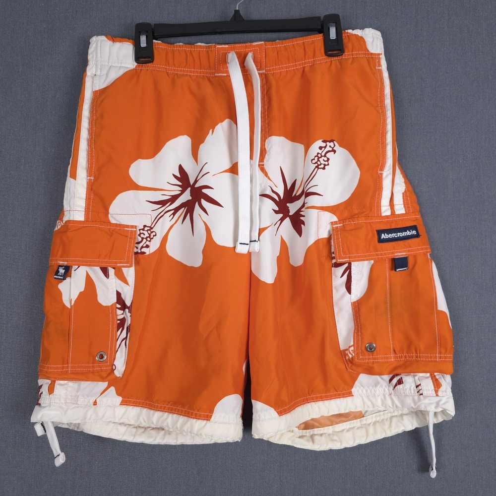 Abercrombie & Fitch Tugger Board Shorts Mens Medium Orange Tropical‎ Surf Swim